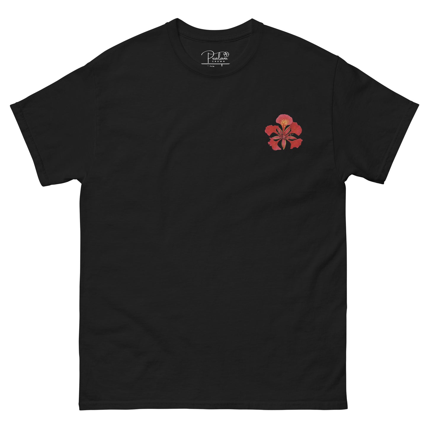 Pualani Crown Embroidered Flame Tree Tee (100% Organic Cotton)