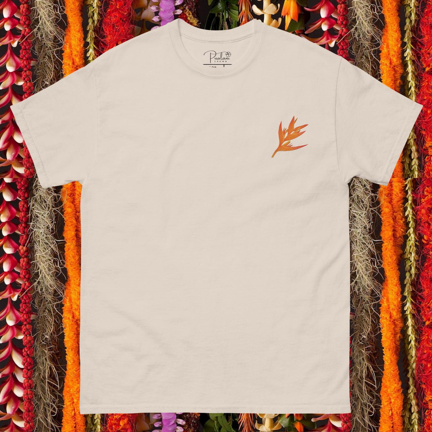 Pualani Crown Embroidered Heliconia Tee (100% Organic Cotton)